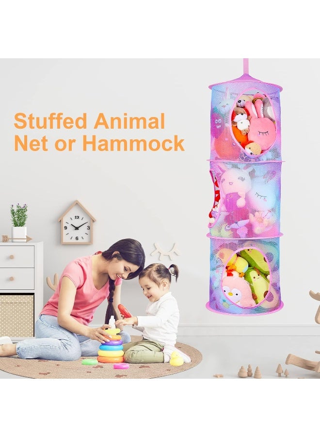 Basumee Stuffed Animals Net or Hammock 2Pcs Hanging Stuffed Animals Storage Toy Net Hammock for Stuffed Animals Organizer Mesh Hammock Kids Girls Room Decor, Blue and Purple, 3 Tiers - Image 4